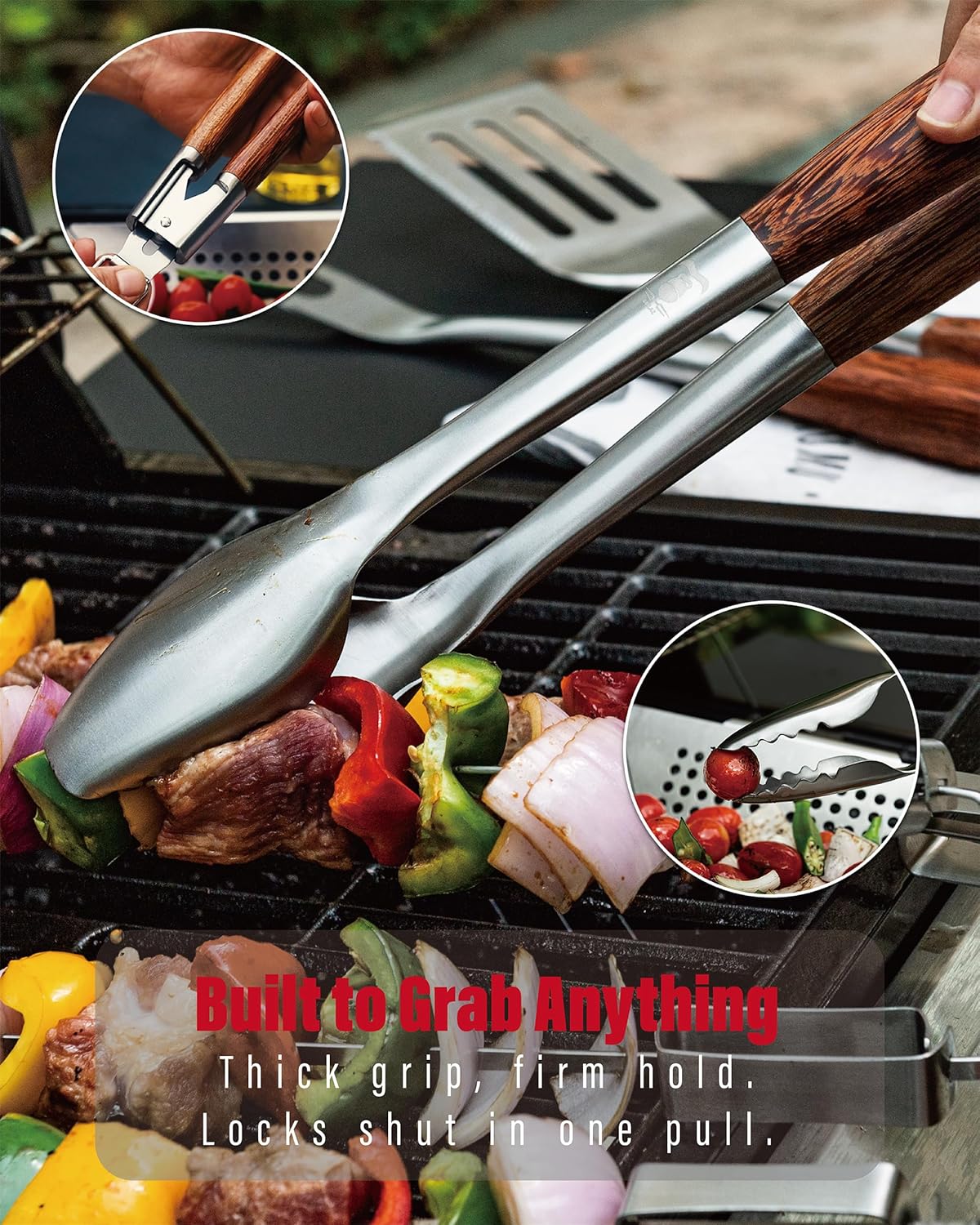 GRILAZ Heavy-Duty Rose Wooden BBQ Grilling Tools Set. Extra Thick Stainless Steel Multi-Function Spatula, Fork & Tongs | Essential Accessories for Barbecue & Grill. Ideal Gift for Father…