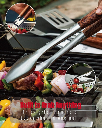 GRILAZ Heavy-Duty Rose Wooden BBQ Grilling Tools Set. Extra Thick Stainless Steel Multi-Function Spatula, Fork & Tongs | Essential Accessories for Barbecue & Grill. Ideal Gift for Father…
