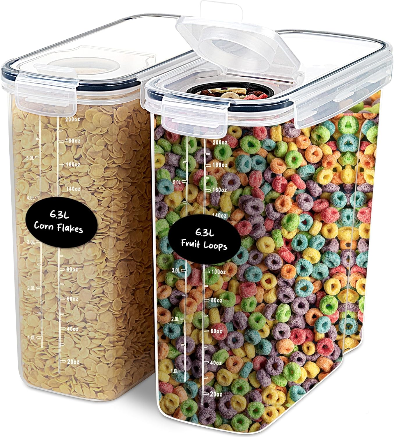 DWËLLZA KITCHEN Cereal Containers Storage 4L Set of 4 Airtight Food Storage Containers with Lids Cereal Dispenser Countertop Pantry Organization Canister for Rice Flour & Sugar 1 Marker 8 Labels