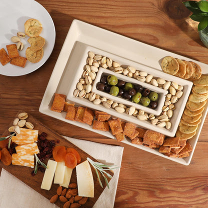 Gibson Elite 3-Section Stoneware Serving Tray with Acacia Lid – Taupe Rectangular Chip & Dip, Condiment, Snack and Appetizer Server for Parties & Entertaining