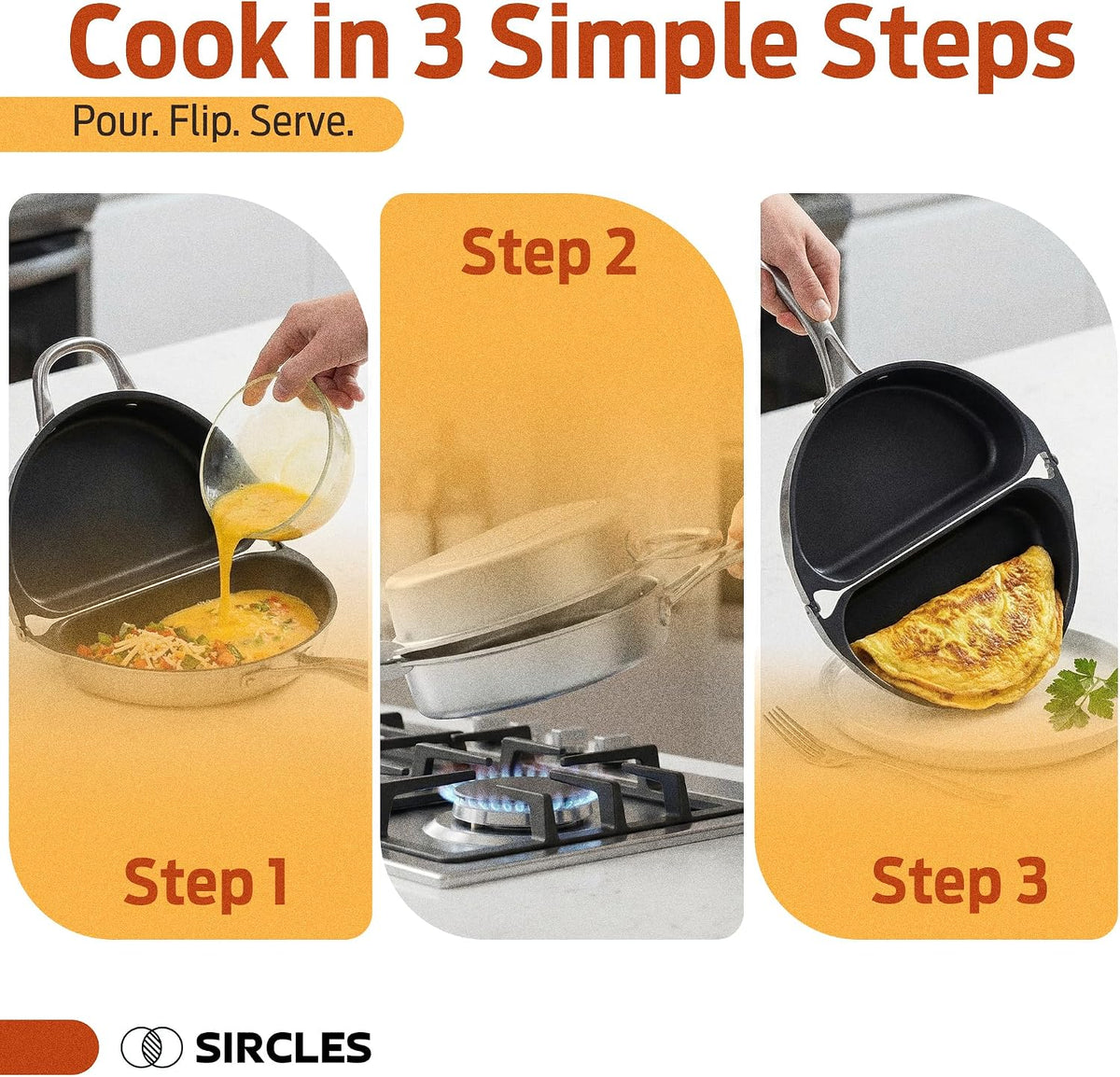 SIRCLES Double Sided Omelet Pan, Nonstick Omelette Maker, 3004 Aluminum, Induction Compatible, Dishwasher Safe, PFOA Free, Flip Lock Egg Pan with Spatula & Recipe eBook