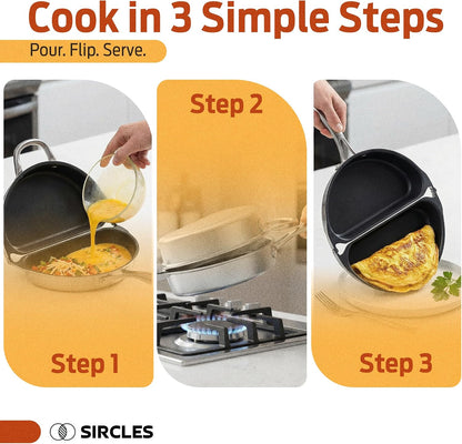 SIRCLES Double Sided Omelet Pan, Nonstick Omelette Maker, 3004 Aluminum, Induction Compatible, Dishwasher Safe, PFOA Free, Flip Lock Egg Pan with Spatula & Recipe eBook