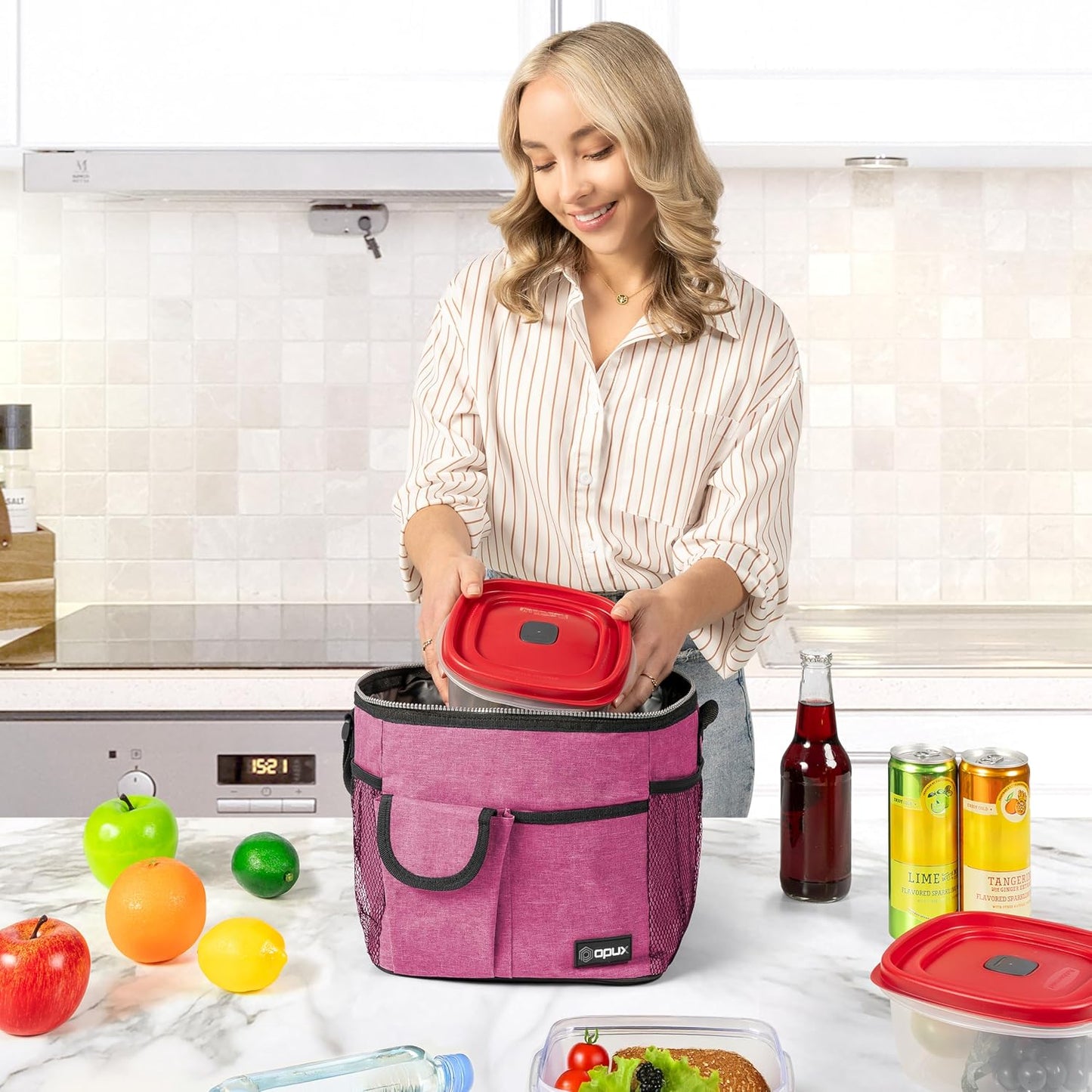 opux Insulated Lunch Bag for Men Women, Leakproof Black Lunch Box for Work, Portable Soft Lunch Cooler Bag with Shoulder Strap, Adult Lunchbox Lunch Pail for Kid Boy Girl School, 14 Can/8L