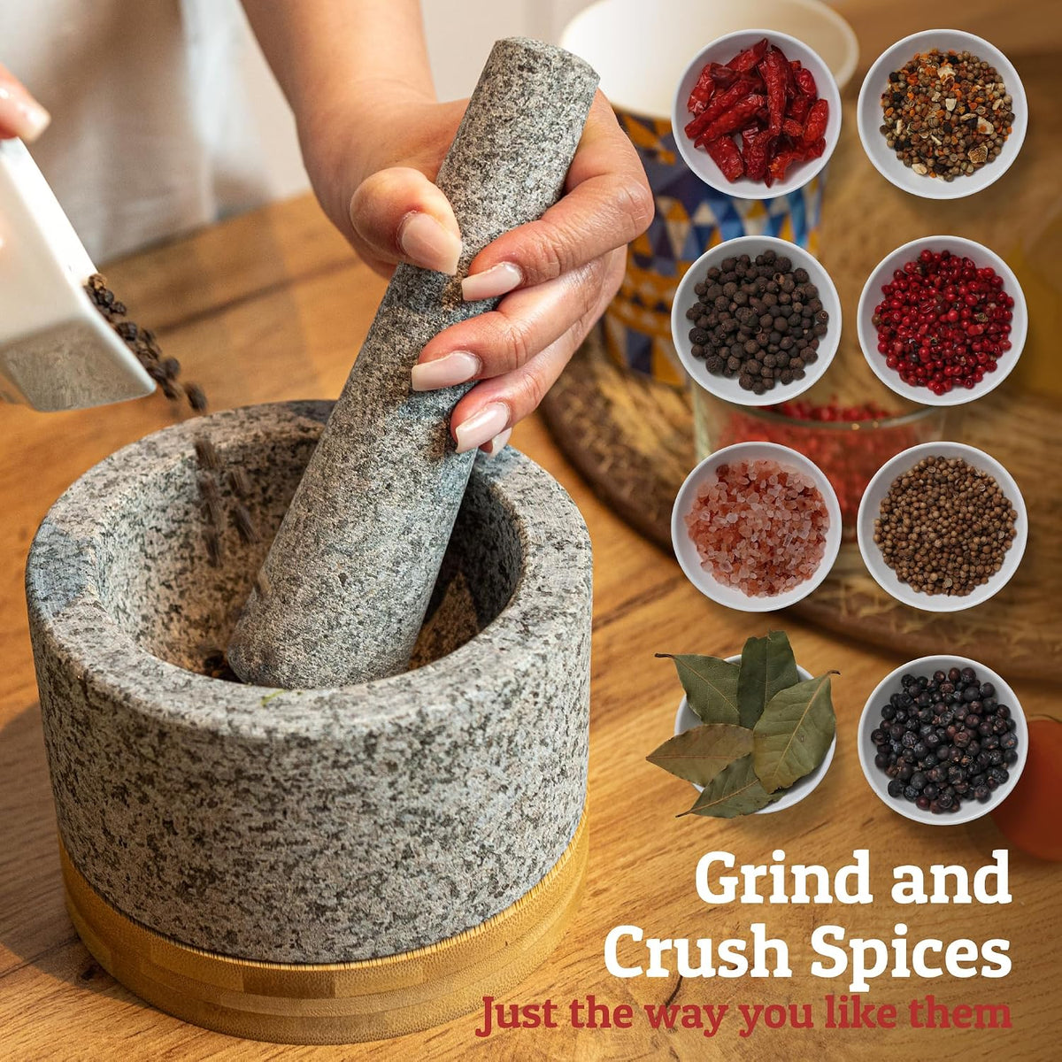 PriorityChef Heavy Duty Mortar and Pestle Set with Bamboo Base, 100% Natural Granite Stone Grinder, Guacamole Bowl and Masher, 1.5 Cups, Black