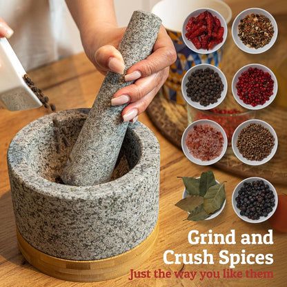 PriorityChef Heavy Duty Mortar and Pestle Set with Bamboo Base, 100% Natural Granite Stone Grinder, Guacamole Bowl and Masher, 1.5 Cups, Black