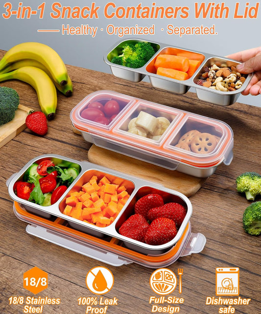 KTKUDY Stainless Steel Snack Container for Kids & Adults - Large - Leak-Proof 3-Compartment Stackable Snack Lunch Box for Daycare, School, Work & Travel