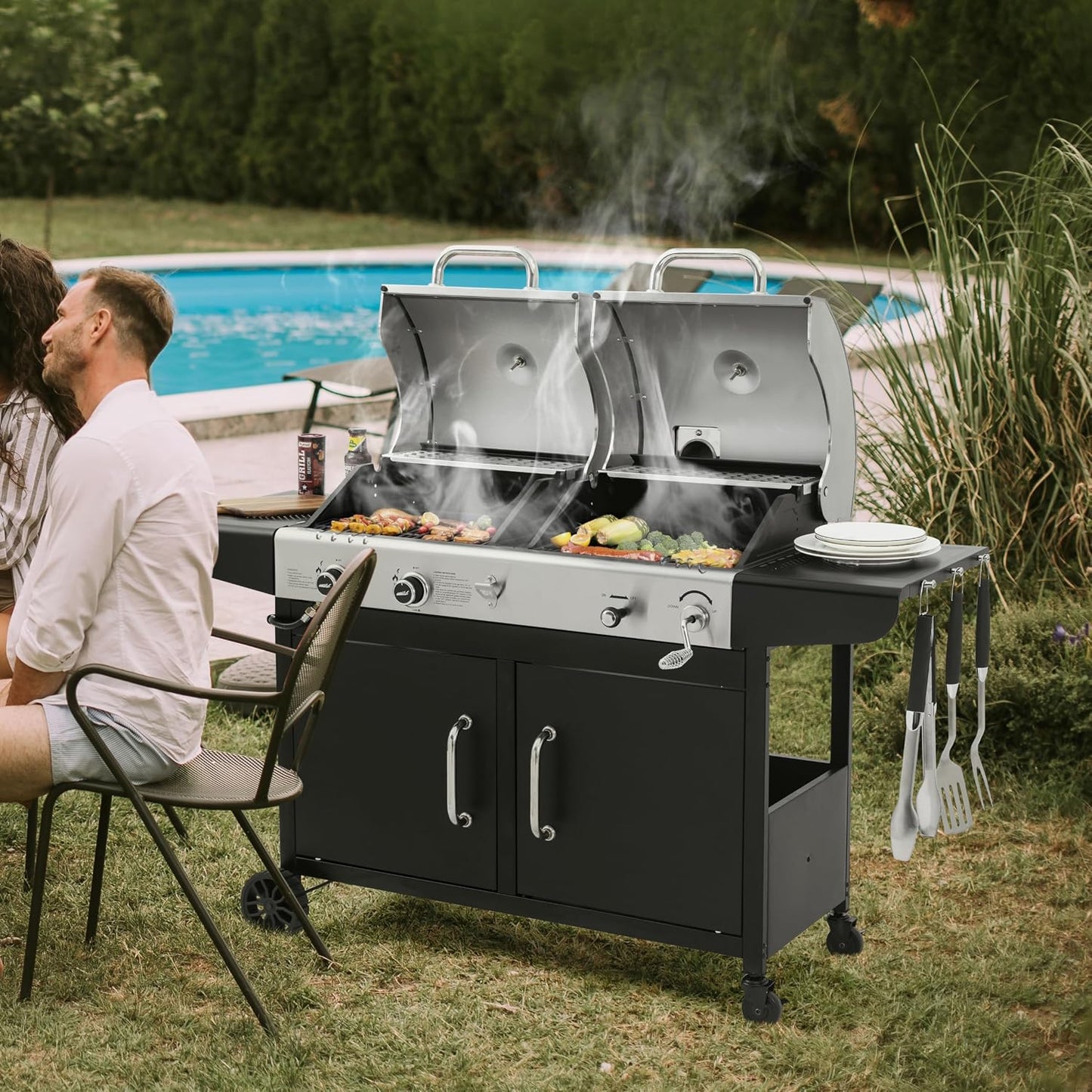 Royal Gourmet ZH3002N Propane Gas and Charcoal Grill Combo, Dual Fuel BBQ Grill with 2 Side Shelves for Outdoor Patio Garden Backyard Barbecue, 20,000 BTUs, Silver & Black