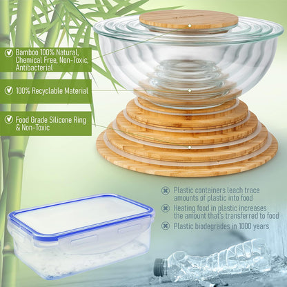 Set of 4 Stackable Space-Saving Nesting Glass Bowls with Airtight Acacia Lids for Lunch, Meal & Food Prep - Microwave & Oven-ready BPA Free Durable Heat Resistant Inert Borosilicate Glass