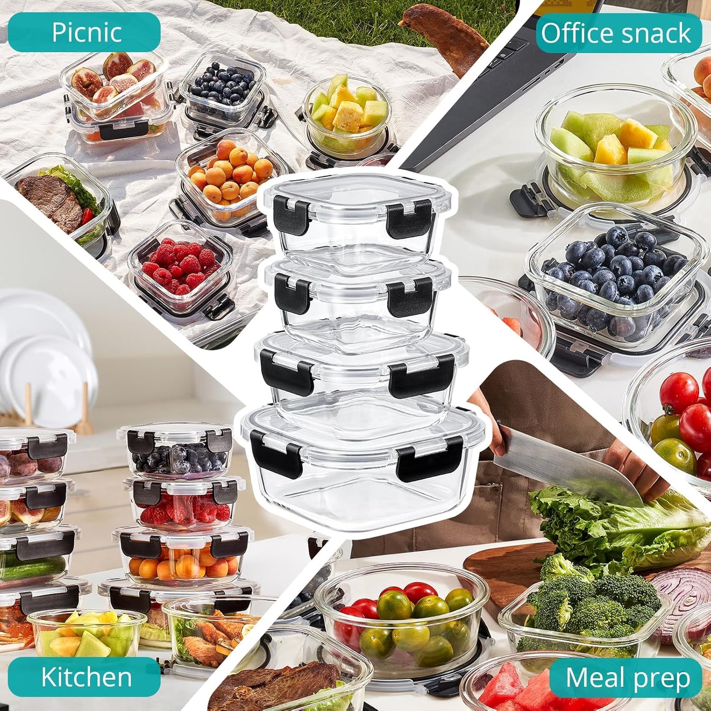 Sorbus 16pc (8 Rectangular 35oz Food Storage Containers and 8 Airtight Lids) – 4.4 Cup Glass Meal Prep Containers, Dishwasher, Freezer, and Oven Safe – Reusable Glass Food Containers for Meal Prep