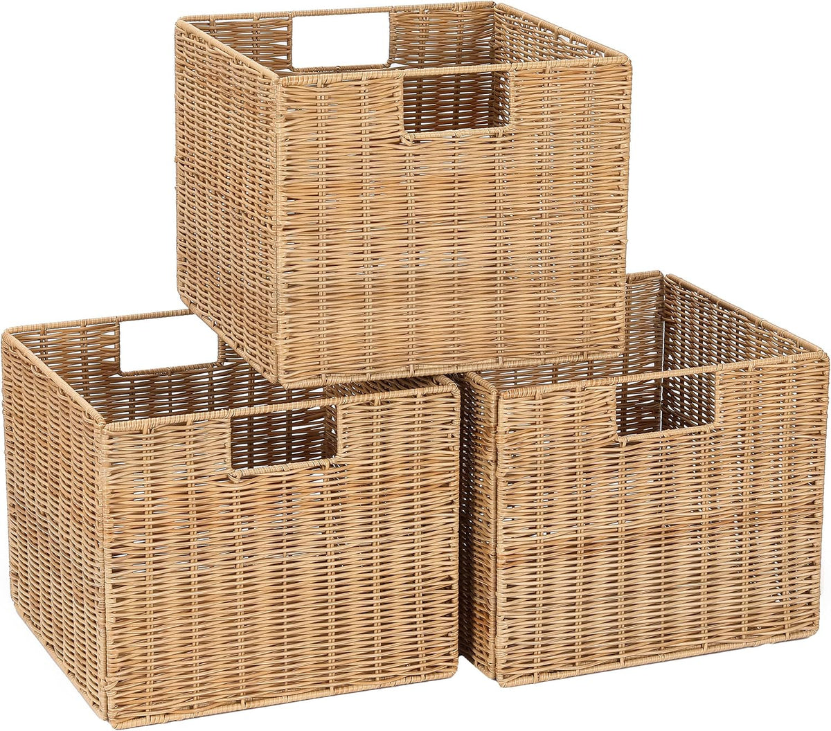 12x12x10in Water Hyacinth Storage Basket Large, Folding Cube Woven Wicker Storage Basket for Shelves, Pantry Baskets Organization and Storage, Kitchen Storage Baskets, Large Rattan Basket Set of 3