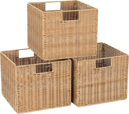 12x12x10in Water Hyacinth Storage Basket Large, Folding Cube Woven Wicker Storage Basket for Shelves, Pantry Baskets Organization and Storage, Kitchen Storage Baskets, Large Rattan Basket Set of 3