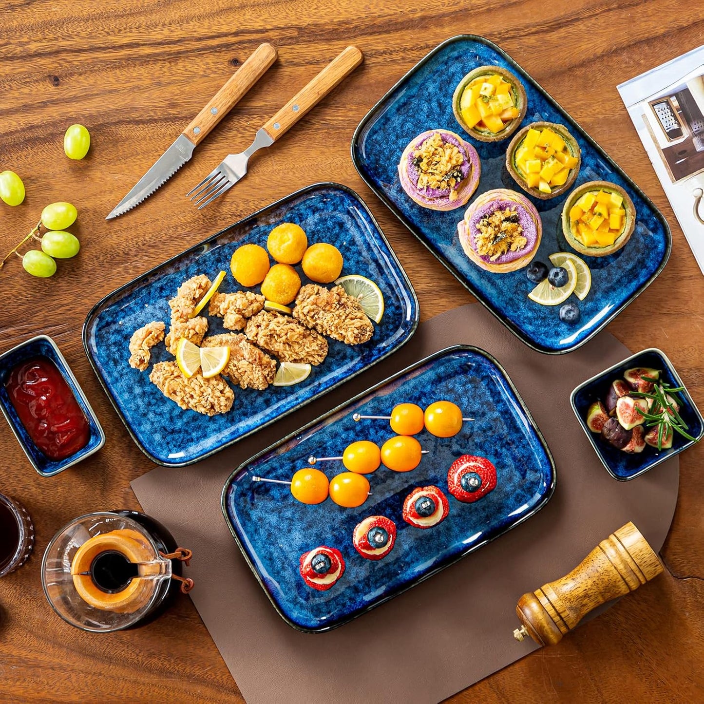 vancasso Stern Serving Platters Set of 3, 15/13/ 11 Inches Rectangular Serving Plates, Blue Serving Trays for Entertaining, Party