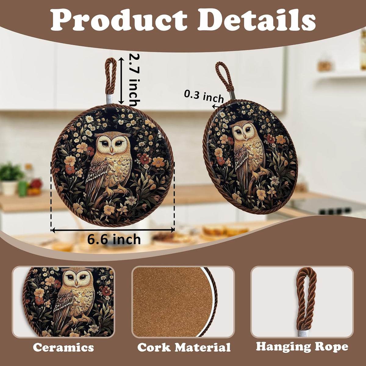 Vintage Owl Flower Ceramic Trivets for Hot Dishes
