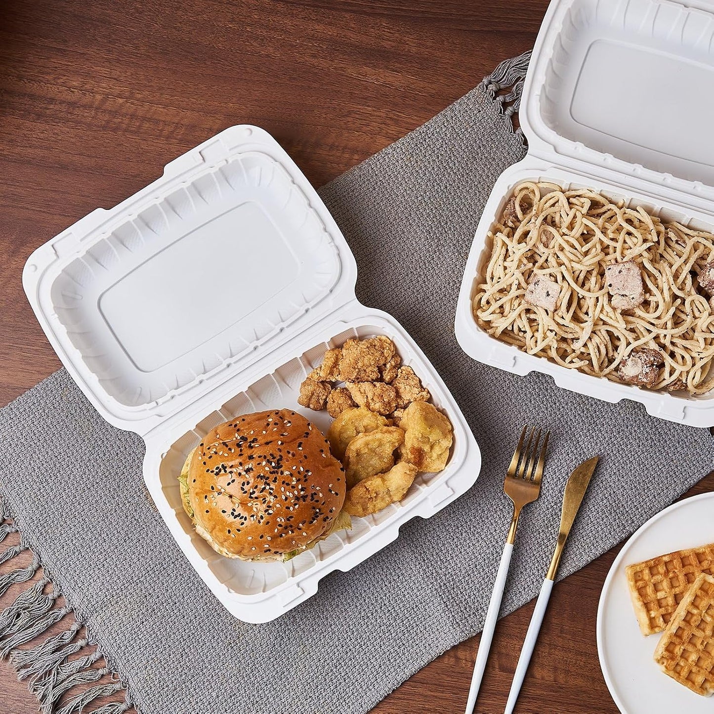 8X8 3-Compartment 50-Pack Plastic Clamshell Takeout Food Trays Heavy Duty Togo Disposable Box Carryout Meal Prep Packaging Catering Hinged Containers With Secure Snap Lid (Formerly FULING)