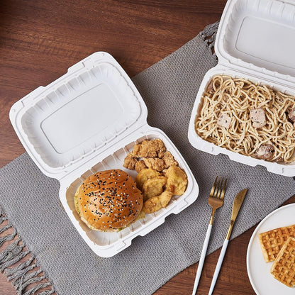8X8 3-Compartment 50-Pack Plastic Clamshell Takeout Food Trays Heavy Duty Togo Disposable Box Carryout Meal Prep Packaging Catering Hinged Containers With Secure Snap Lid (Formerly FULING)