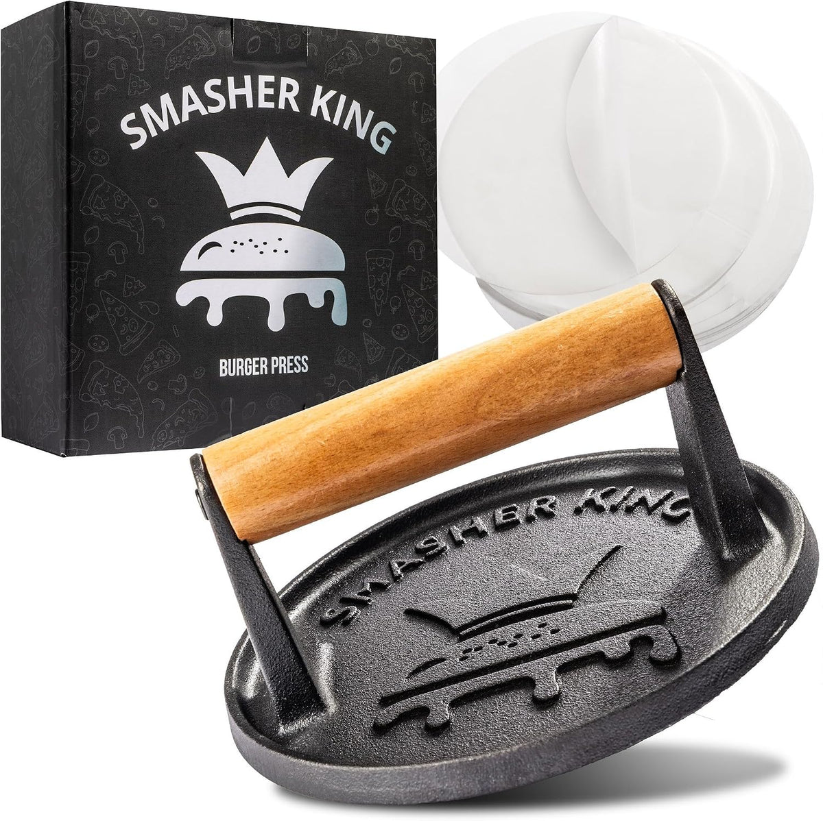 Premium Cast Iron Smash Burger Press incl. 25 Patty Paper