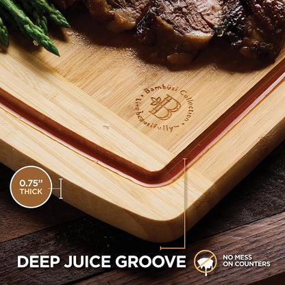 Bamboo Cutting Board Set of 4, Large Cutting Boards for Kitchen, Wood Cutting Board with Juice Groove Side Handles, Wooden Cutting Board for Kitchen, Meat Chopping Board Meal Prep, Serving Charcuterie