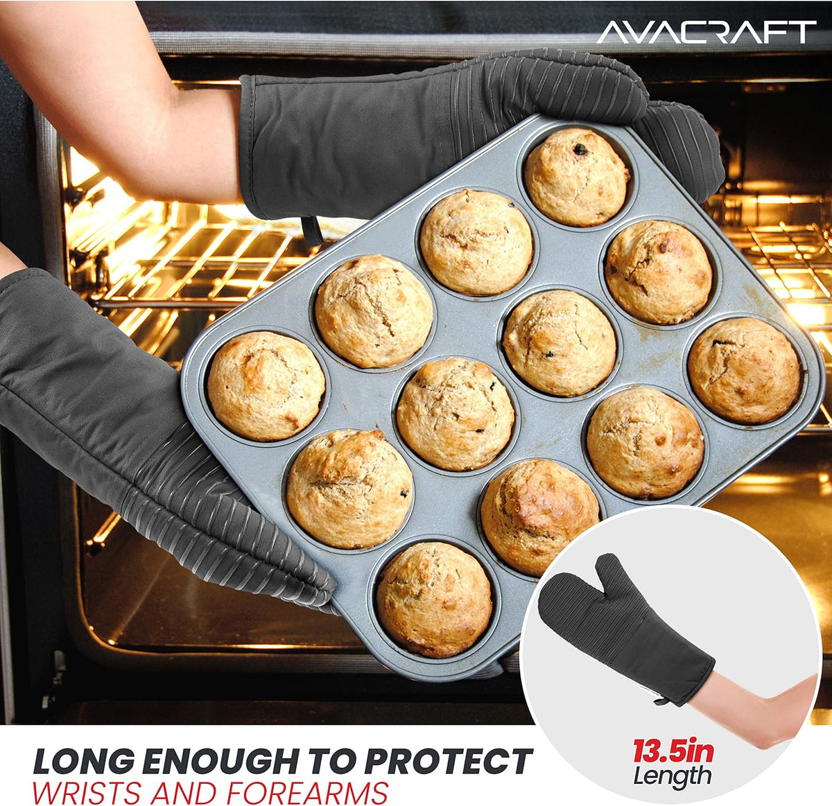 AVACRAFT Oven Mitts Pair, Flexible, 100% Cotton with Unique Heat Resistant Food Grade Silicone, Thick Terry Cloth Interior, 500 F Heat Resistant (Red Oven Mitts)