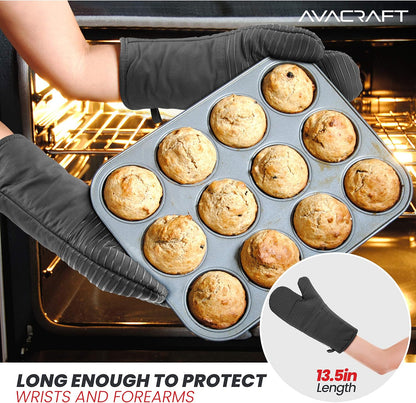 AVACRAFT Oven Mitts Pair, Flexible, 100% Cotton with Unique Heat Resistant Food Grade Silicone, Thick Terry Cloth Interior, 500 F Heat Resistant (Red Oven Mitts)