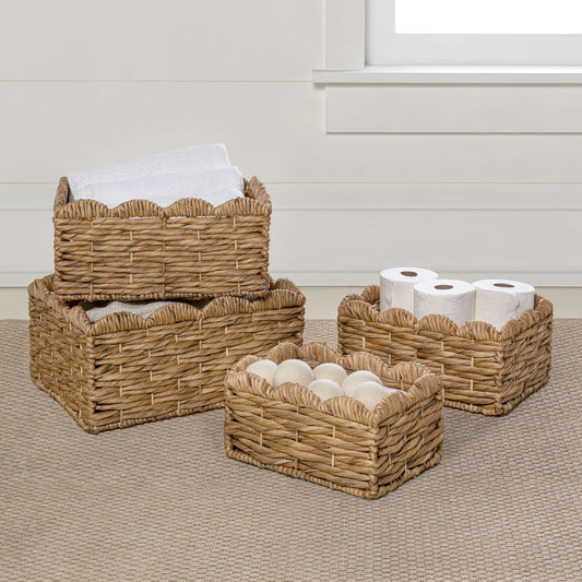 Eyely KSB2021B-4SET Anne Rustic Cottage Handwoven Water Hyancinth Scalloped Edge Nesting Storage Baskets, Seagrass Containers for Decoration in Living Room, Bedroom, Brown (Set of 4)