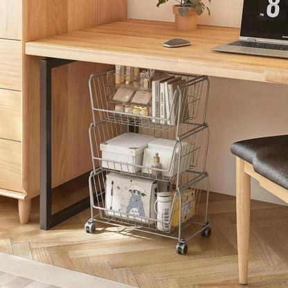 PUSDON 4-Tier Spacious Stackable Wire Storage Baskets with Wheels, Metal Rolling Utility Cart Organizer, Fruit and Vegetable Produce Basket for Kitchen Pantry, Everyday Bathroom Shelf, Silver Grey