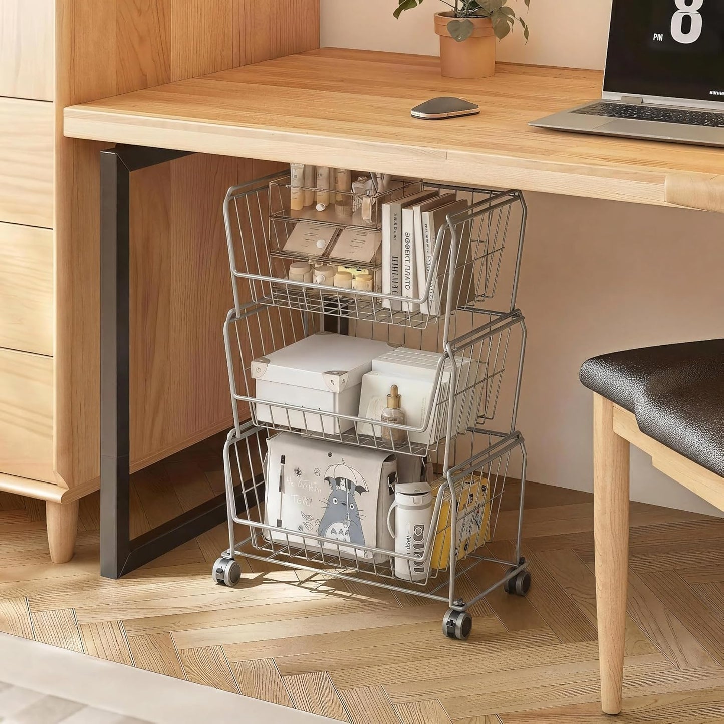 PUSDON 4-Tier Spacious Stackable Wire Storage Baskets with Wheels, Metal Rolling Utility Cart Organizer, Fruit and Vegetable Produce Basket for Kitchen Pantry, Everyday Bathroom Shelf, Silver Grey