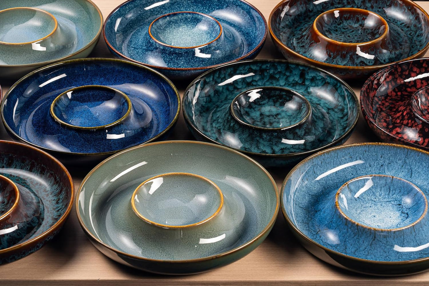 Ceramic Chips and Dip Serving Tray - Large Divided Party Bowl Set for Salsa, Veggies, Fruit & Snacks - Modern Minimalist Appetizer Platter with Unique Kiln-Change Glaze (Verdigris Green)