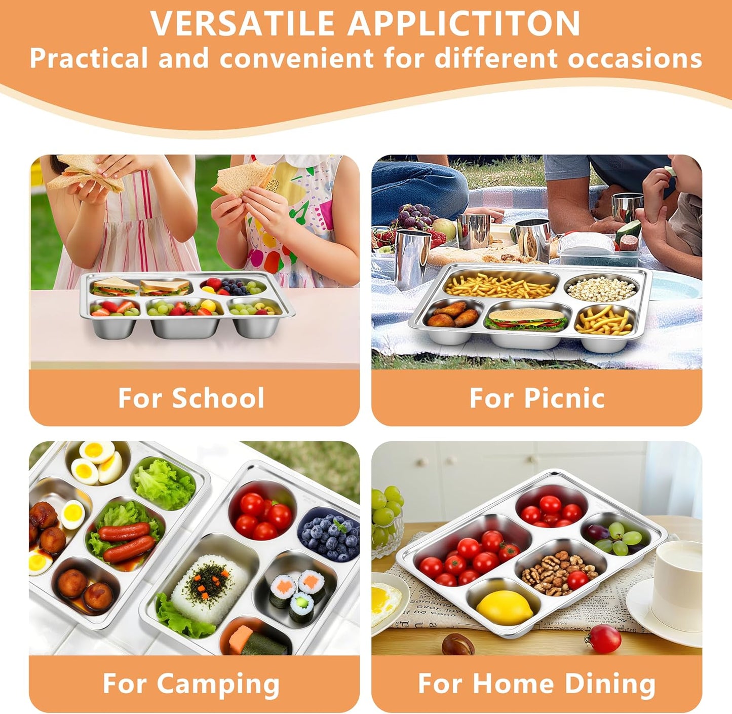HaWare Toddler Stainless Steel Divided Plates Tray with 5-Compartment, Kids Adults Control Dinner Plates for Lunch Camping Dinner, Stackable Reusable Serving Platter, 2-Pack