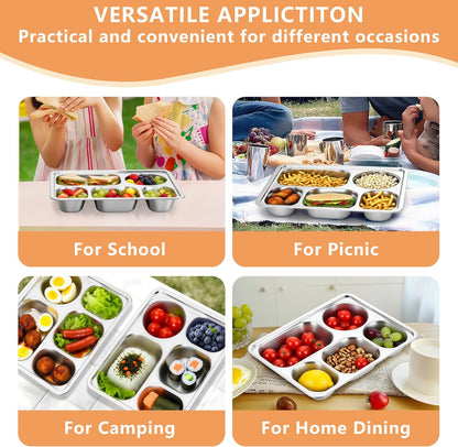HaWare Toddler Stainless Steel Divided Plates Tray with 5-Compartment, Kids Adults Control Dinner Plates for Lunch Camping Dinner, Stackable Reusable Serving Platter, 2-Pack
