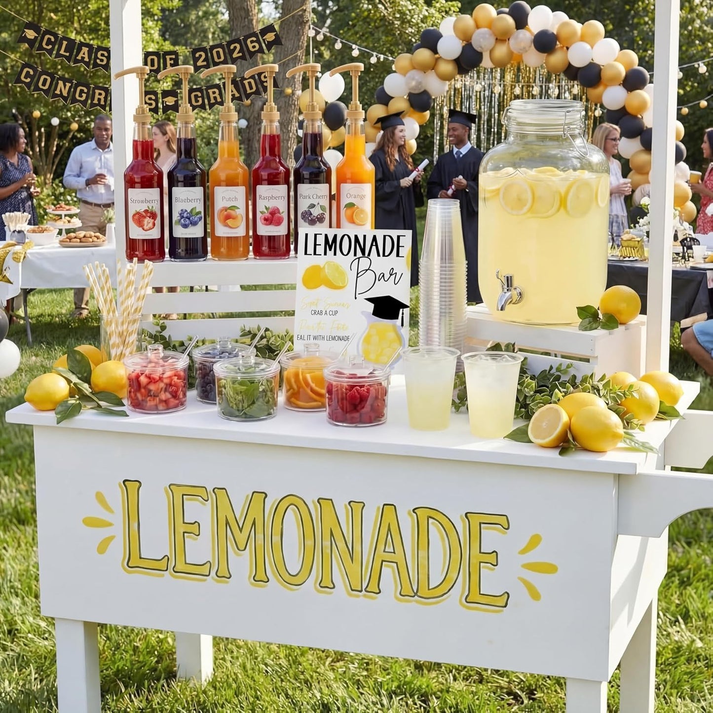 Jingmore 43 Pcs 2026 Graduation Freshly Lemonade Stand Complete Accessories Kit Lemon Bar Sign Class of 2026 Jar Drink Station Glass Beverage Dispenser Plastic Cup Jam Pump Head Party Decorations