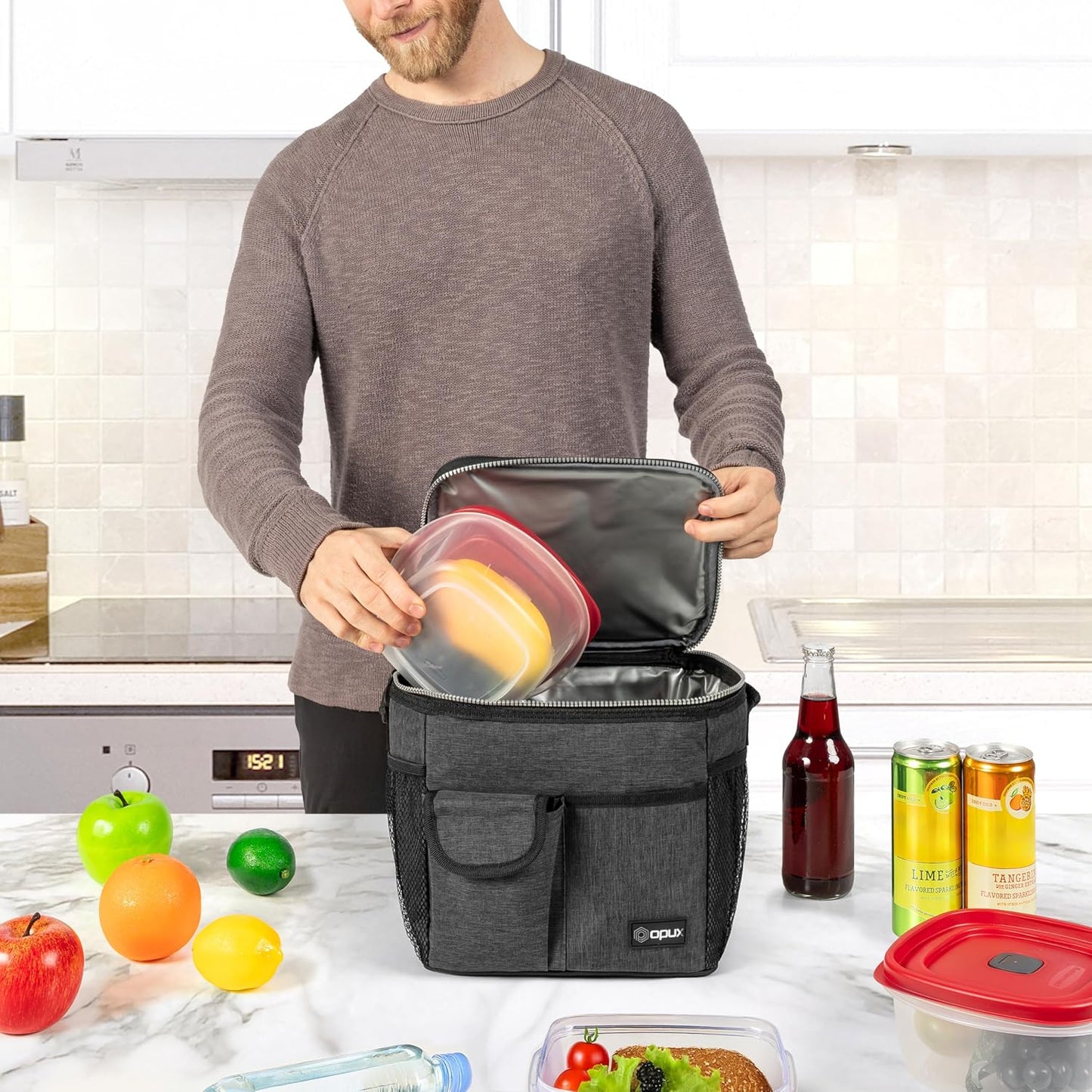 opux Insulated Lunch Bag for Men Women, Leakproof Black Lunch Box for Work, Portable Soft Lunch Cooler Bag with Shoulder Strap, Adult Lunchbox Lunch Pail for Kid Boy Girl School, 14 Can/8L