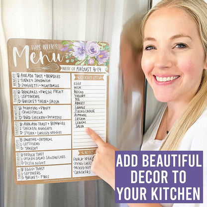 Hadley Designs Weekly Meal Planner and Dry Erase Board for Refrigerator-Floral Magnetic Weekly Menu Board for Kitchen Conversion Chart, Magnetic Meal Planner for Refrigerator
