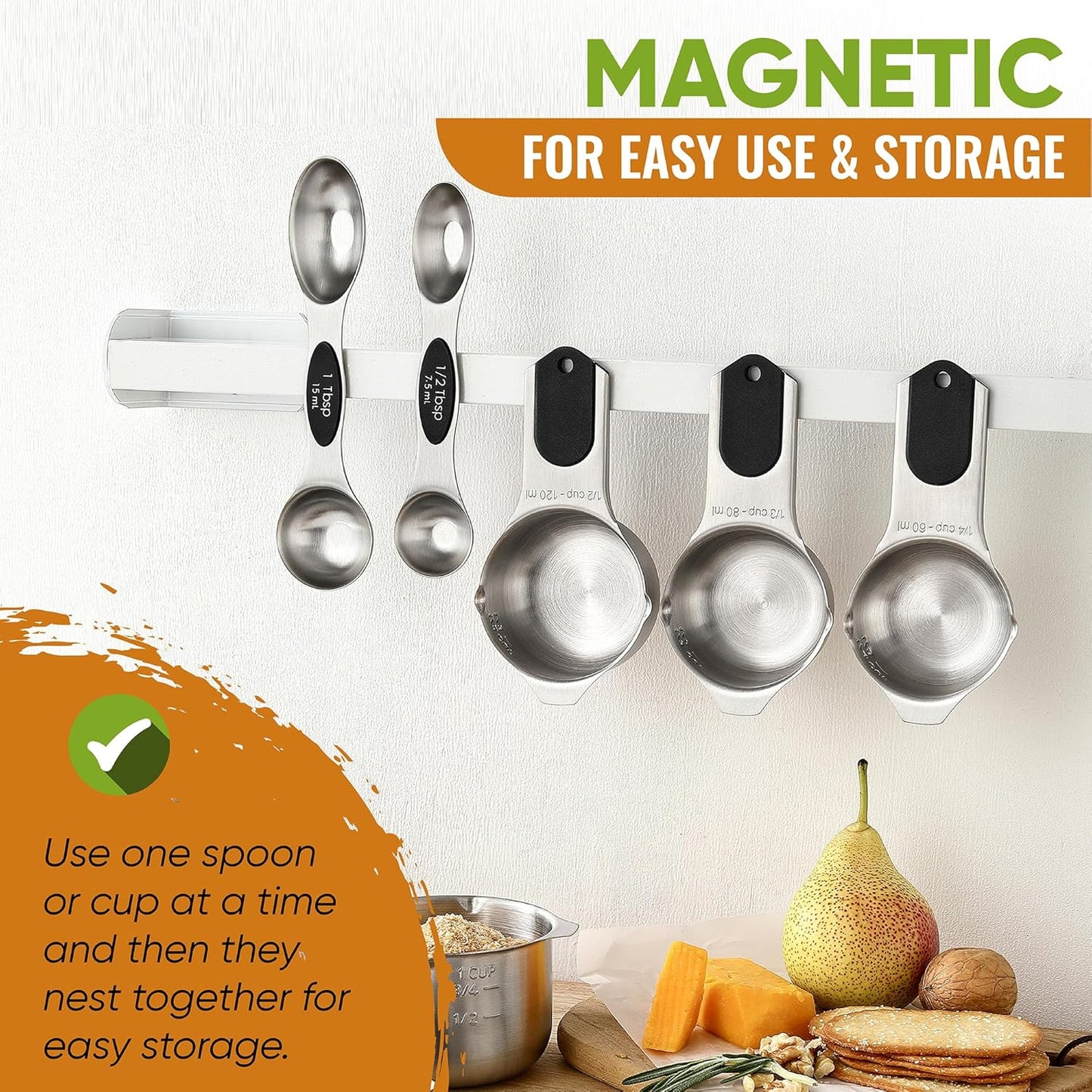 Spring Chef Magnetic Measuring Cups & Spoons Set, Patented, Strong N45 Magnets, Heavy Duty Stainless Steel Fits in Spice Jars for Baking & Cooking, BPA Free, Round Set of 15 with Leveler, Black