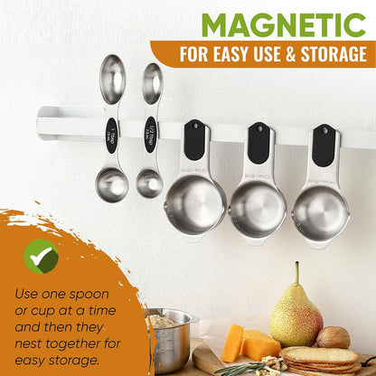 Spring Chef Magnetic Measuring Cups & Spoons Set, Patented, Strong N45 Magnets, Heavy Duty Stainless Steel Fits in Spice Jars for Baking & Cooking, BPA Free, Round Set of 15 with Leveler, Black