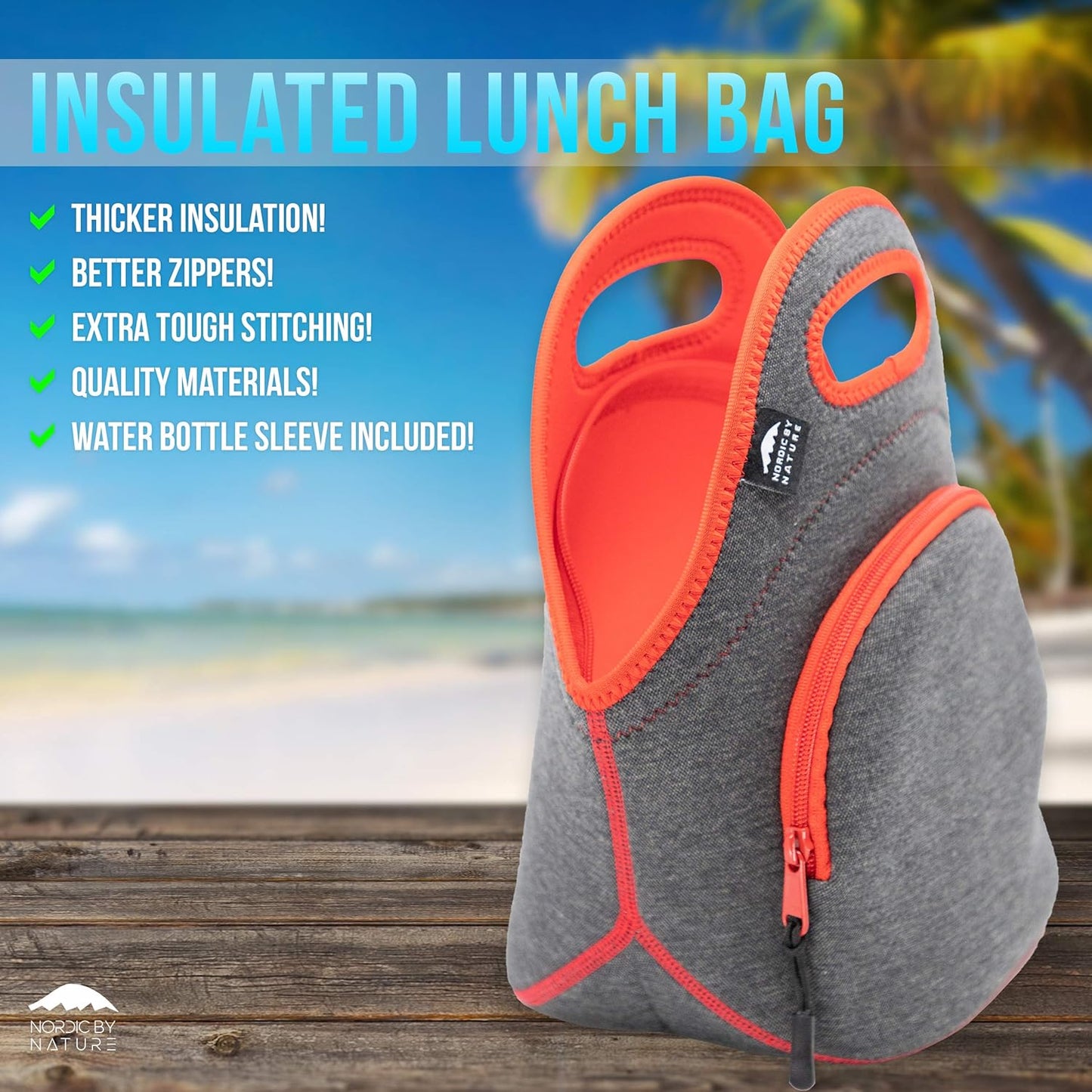 Nordic By Nature Large Neoprene Lunch Bag for Women & Lunch tote for Kids Insulated Lunch bag Reusable Washable Extra Thick Neoprene & Soft Cotton Feel, Premium Stitching, Outside Pocket, (L) Black