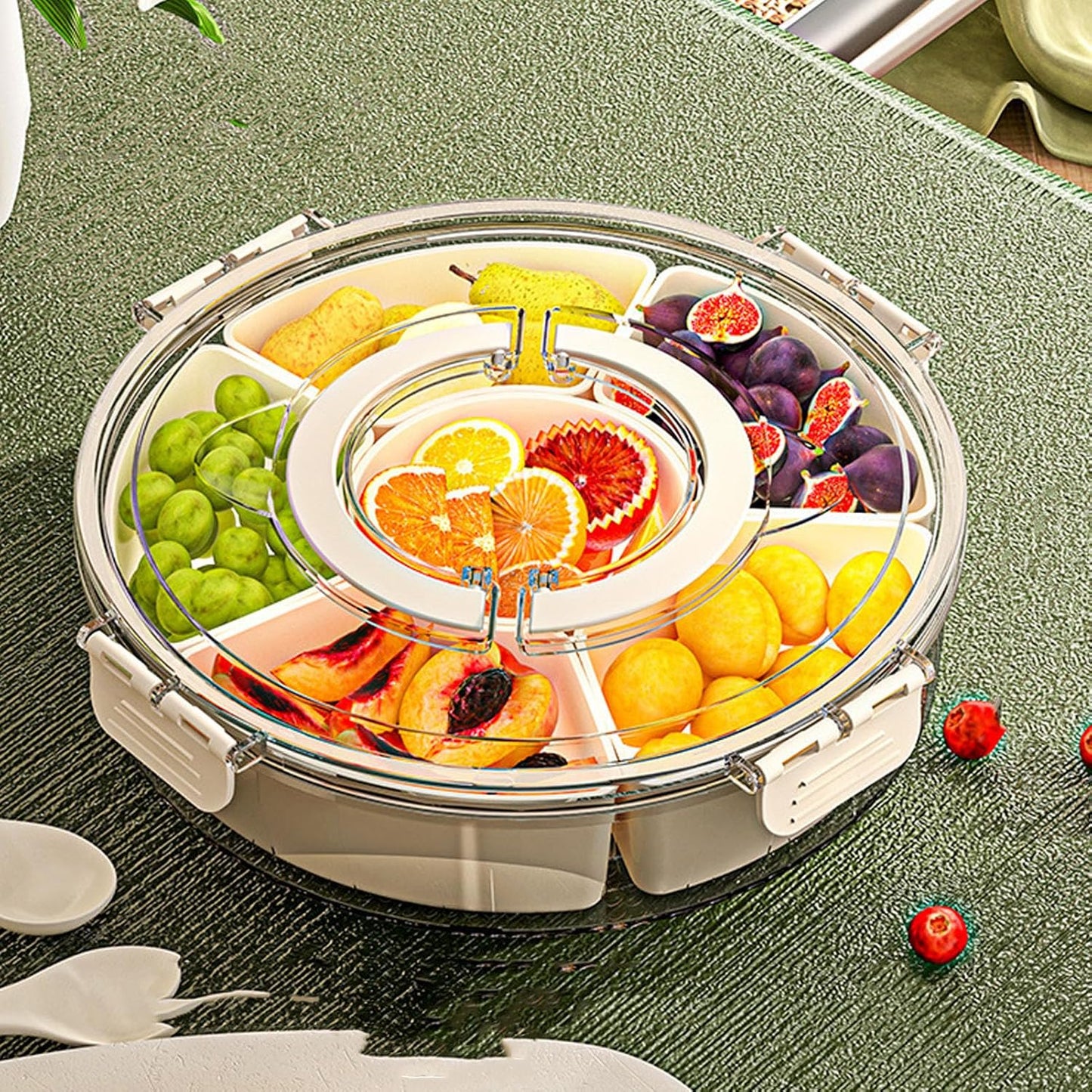Rotating Snackle Box Container with Lid and Handle, 6 Compartments Round Lazy Susan 360° Divided Serving Tray, Divided Serving Tray for Road Trips Picnics (Large Size)
