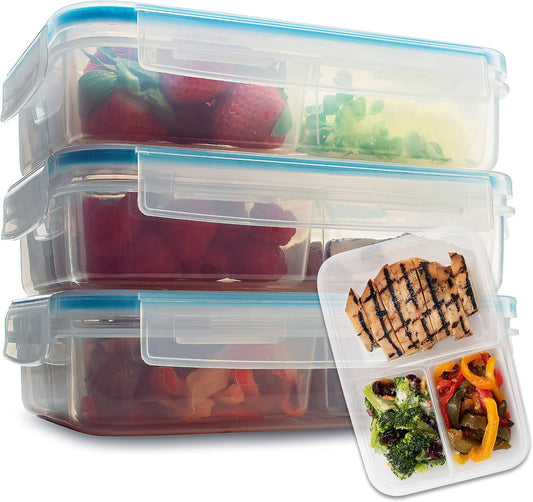 Komax Biokips Set of 5 Lunch Containers – 3 Compartment Food Container for Meal Prep, Portion Control – Microwave & Dishwasher Safe Bento Box Adult Lunch Container w/Locking Lid (37 oz)