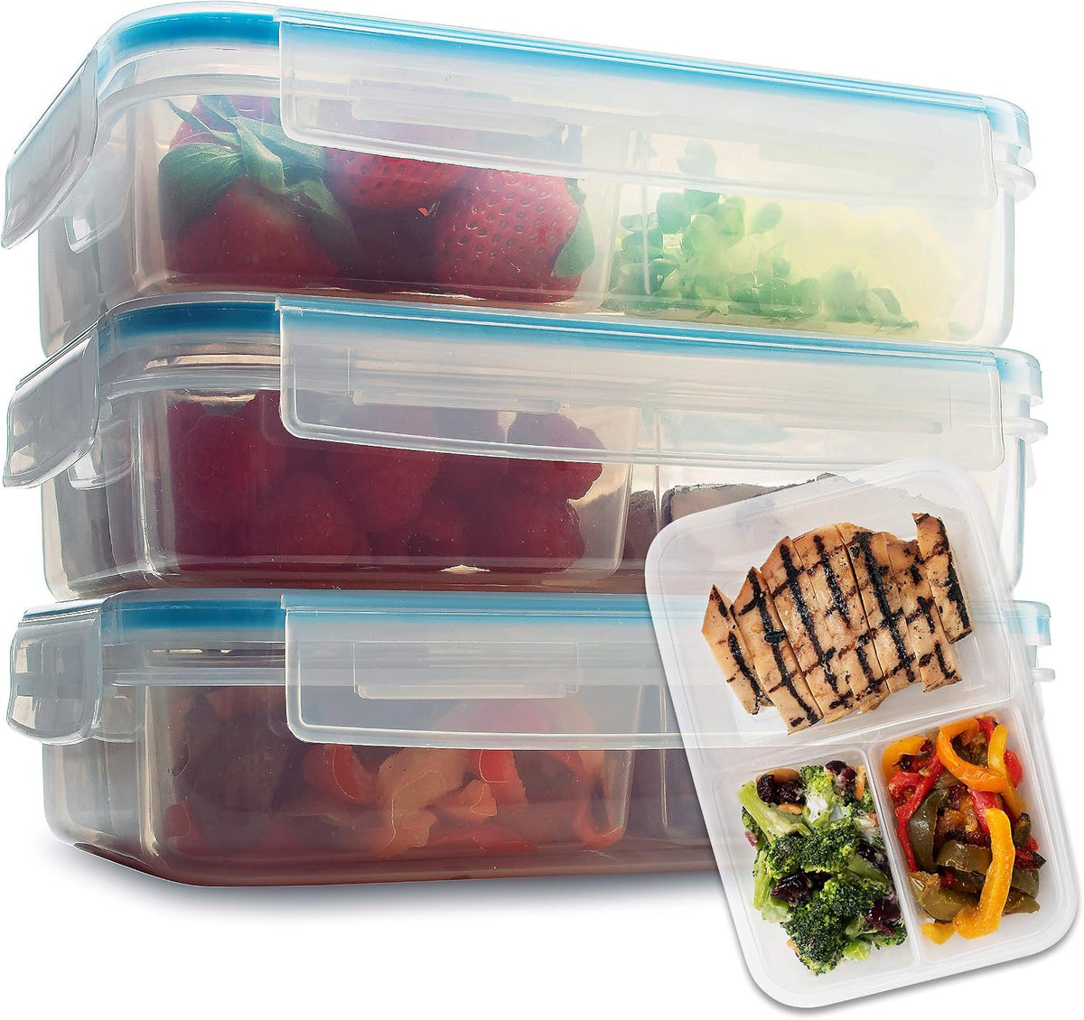 Komax Biokips Set of 5 Lunch Containers – 3 Compartment Food Container for Meal Prep, Portion Control – Microwave & Dishwasher Safe Bento Box Adult Lunch Container w/Locking Lid (37 oz)