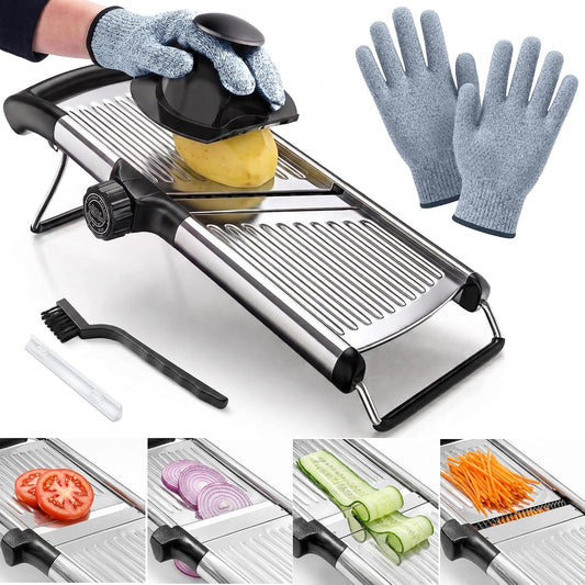 SAFI Adjustable Mandoline Slicer for Kitchen Mandoline & Vegetable Slicer Potato Slicer Fruit Slicer & Onion Cutter With Stainless Steel Blades Safety Hand Guard & Cut-Resistant Gloves Kitchen Gadgets