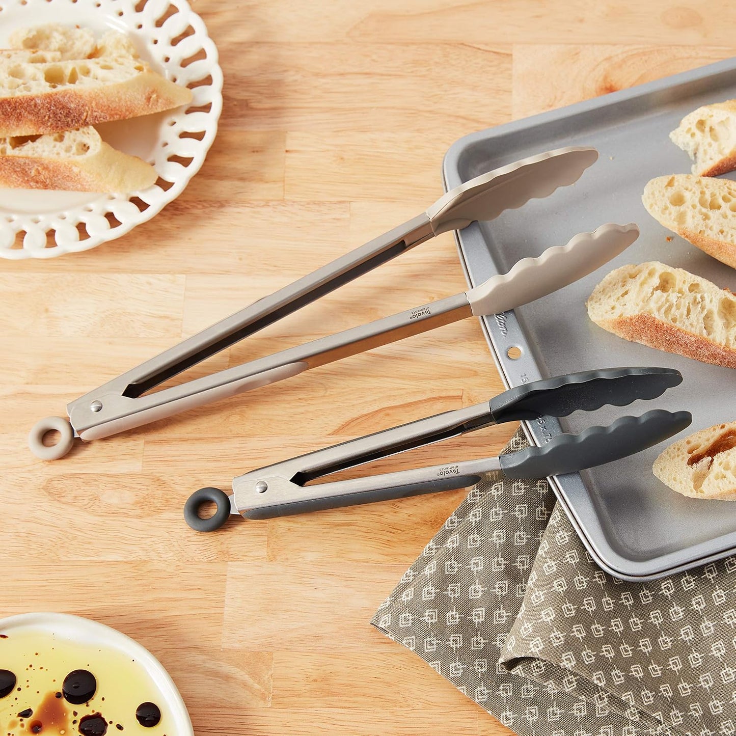 Tovolo Stainless Steel Tongs with Silicone Tips Set of 3 Mini 7” 9” 12 Inch with Easy Lock Mechanism for Cooking Grilling Air Fryer Serving, Red Black Charcoal Gray Heat Resistant Kitchen Tongs