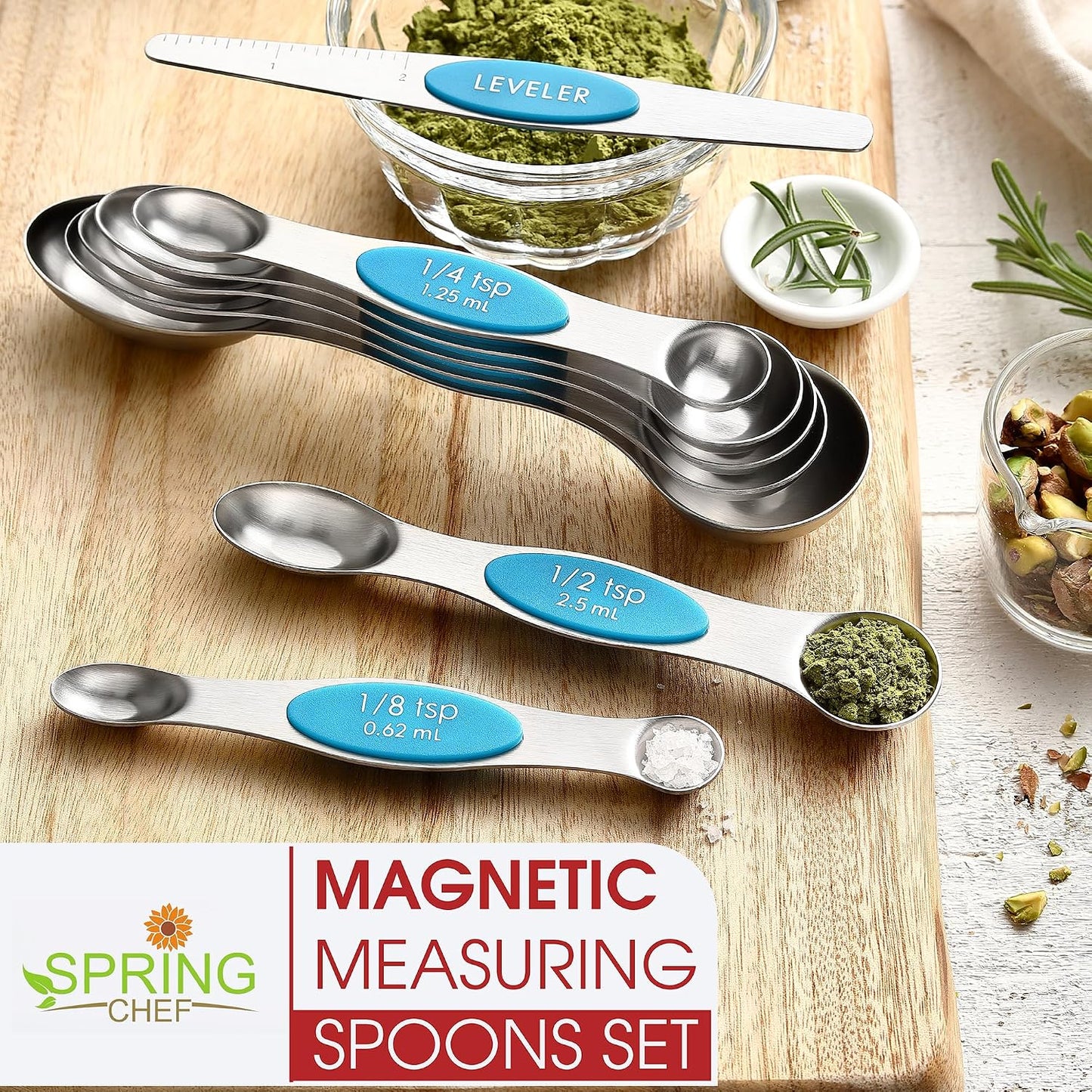 Spring Chef Stainless Steel Magnetic Measuring Spoons Set with Strong N45 Magnets, Heavy Duty Metal Kitchen Gadgets for Baking & Cooking, Fits in Most Kitchen Spice Jars, Set of 8 with Leveler, Black