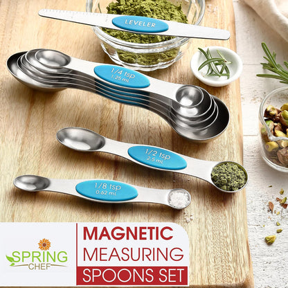 Spring Chef Stainless Steel Magnetic Measuring Spoons Set with Strong N45 Magnets, Heavy Duty Metal Kitchen Gadgets for Baking & Cooking, Fits in Most Kitchen Spice Jars, Set of 8 with Leveler, Black