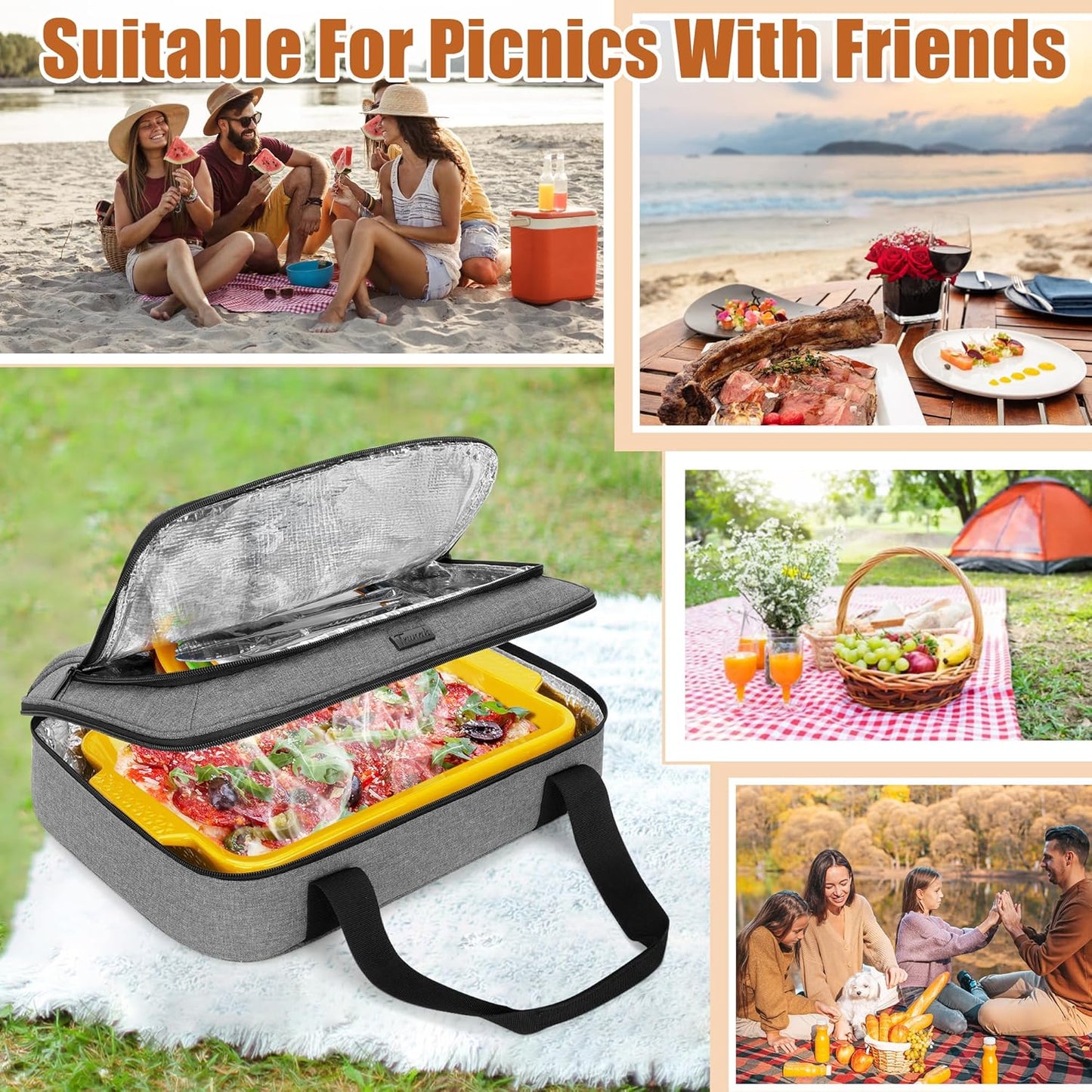 Trunab Casserole Carrier for Hot or Cold Food Insulated Casserole Dish Carrier Thermal Tote Bag for Picnic, Fits 9"×13" Baking Dish, Grey (Light Grey, 16×11×4 inches)