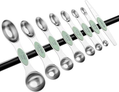 Spring Chef Stainless Steel Magnetic Measuring Spoons Set with Strong N45 Magnets, Heavy Duty Metal Kitchen Gadgets for Baking & Cooking, Fits in Most Kitchen Spice Jars, Set of 8 with Leveler, Black
