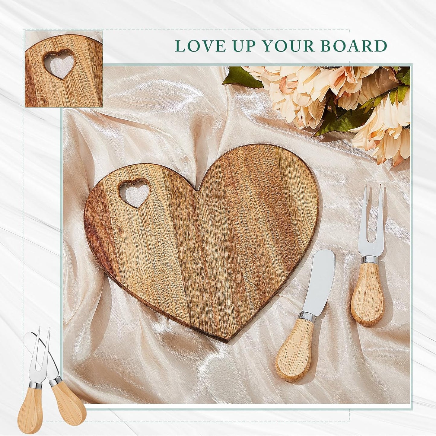 Patelai 24 Set Bridal Baby Shower Favor Heart Cheese Board with Knife, Wood Mini Charcuterie Board Thank You Gift Box for Guest Bridal Baby Shower Prize Wedding Valentines Birthday (Bamboo Color)