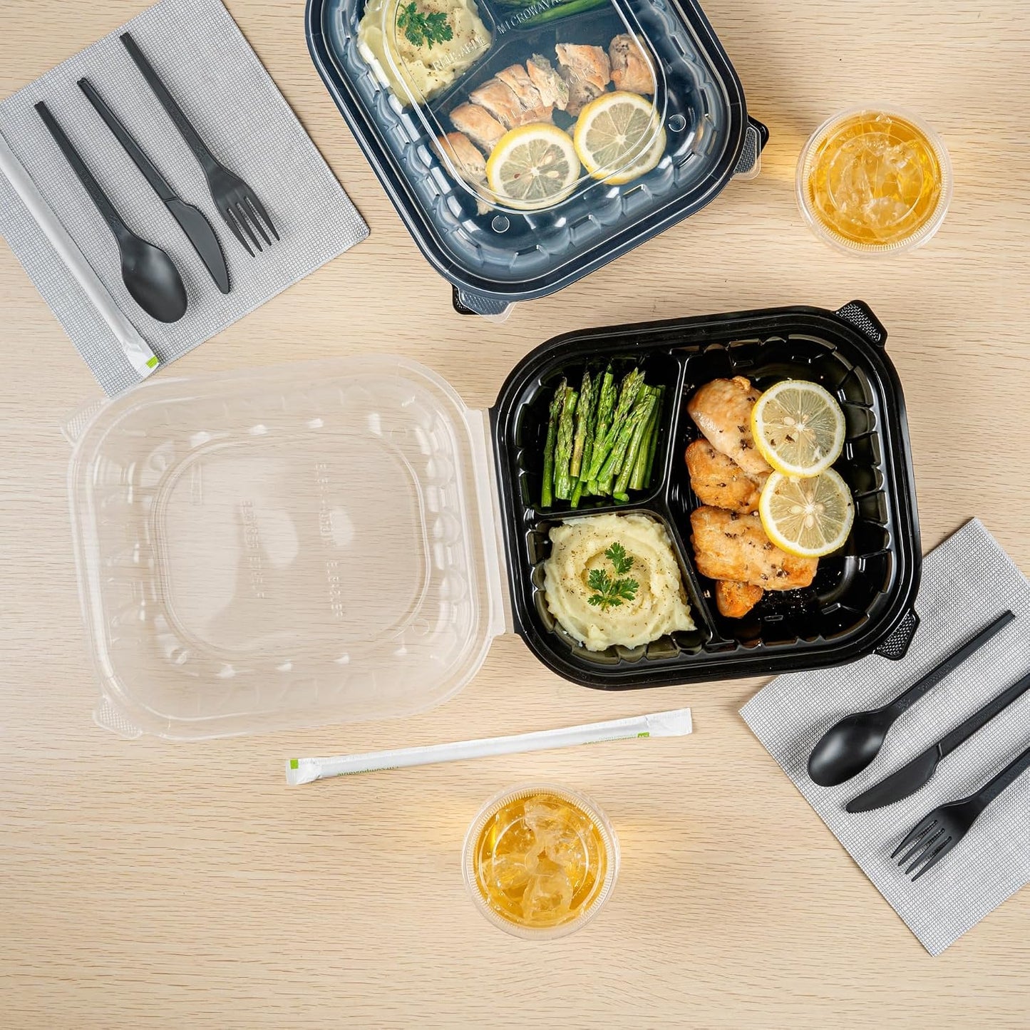 Thermo Tek 40 Ounce Clamshell Containers, 50 Disposable Take Out Boxes - 3 Compartments, Ventilated Lids, Black Plastic Meal Prep Containers, Microwavable, For Pasta Or Salads - Restaurantware