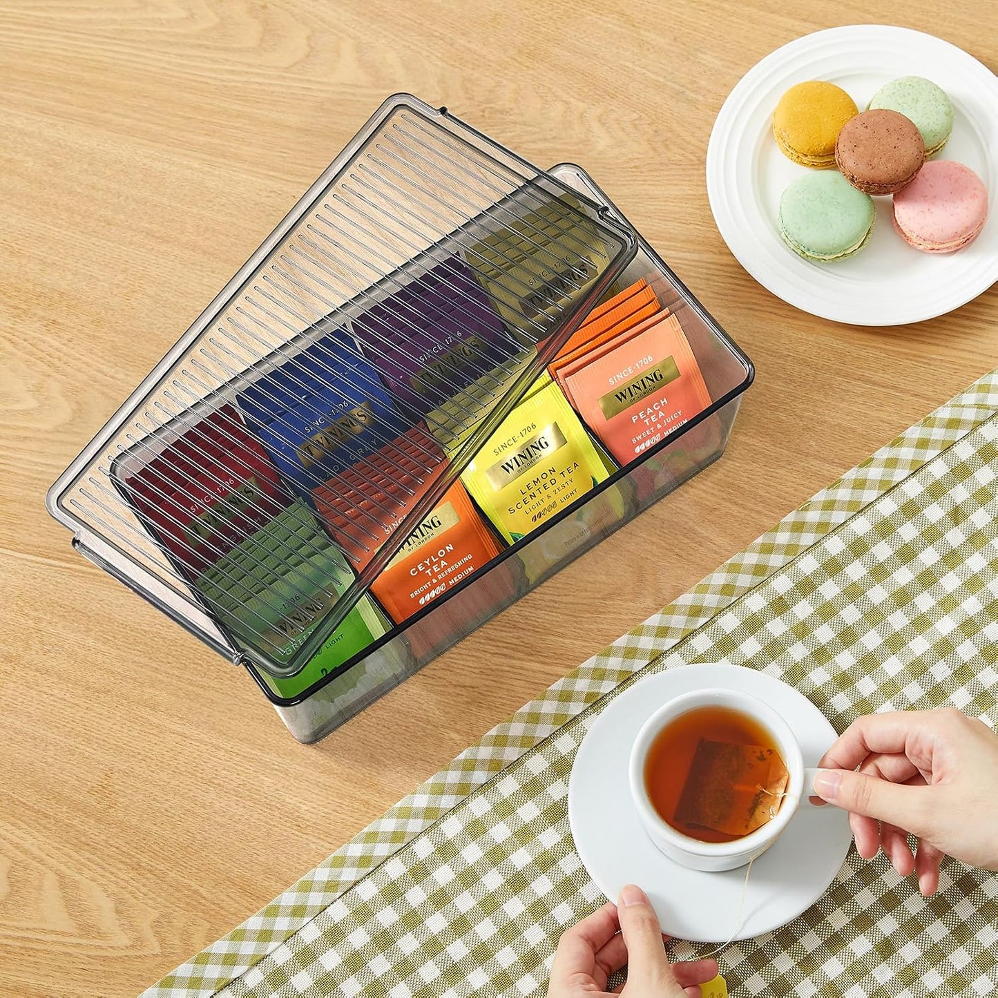 Lifewit Tea Bag Organizer with lids, Plastic Teabag Box with 16 Compartments, Stackable Divided Storage Containers for Cabinet, Pantry, Countertop, Sugar Packets, Clear, 29 cm/11.5 inch L, 2 Pack