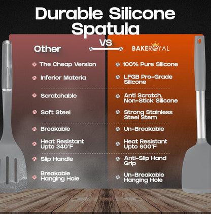 BakeRoyal Silicone Spatula Set - Turner Spatulas Silicone Heat Resistant 600°F - Slotted & Solid Spatula for Cooking Fish, Eggs, Pancakes Flipper – Spatulas for kitchen use – Black