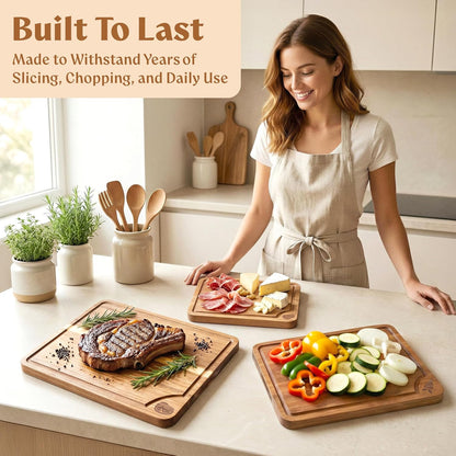 EDELHAUS Cutting Boards for Kitchen (Set of 3) Beeswax Finished Acacia Wood Cutting Board, Mineral Oil Free Wooden Cutting Boards non Toxic with Juice Groove, Non-Slip Feet, Charcuterie Boards