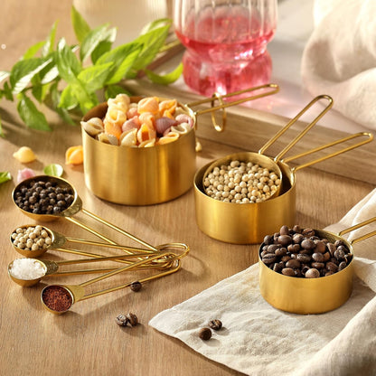 Measuring Cups and Spoons Set, Kaloo 8PCS Stainess Steel Metal Measuring Cups, Gold Finish, Ideal for Cooking and Baking